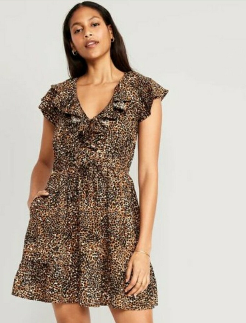Old Navy Leopard Print Waist Defined Ruffle Mini Swing Dress Large Animal Print
